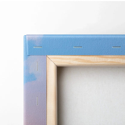 Close-up of wooden stretcher bar with blue and purple edge on vertical canvas wall art.