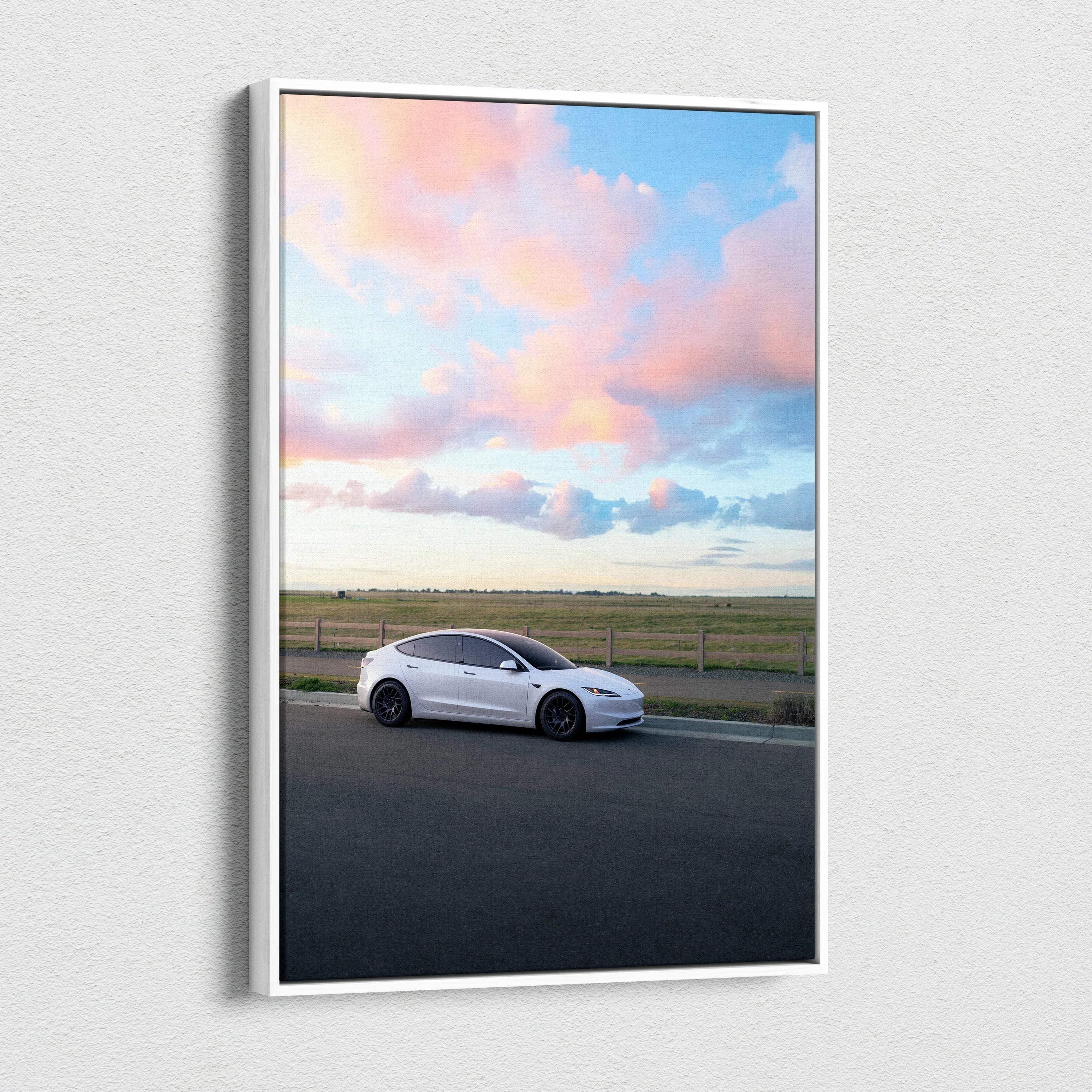 Tesla Model 3 Highland on road with colorful sunrise sky vertical canvas wall art.