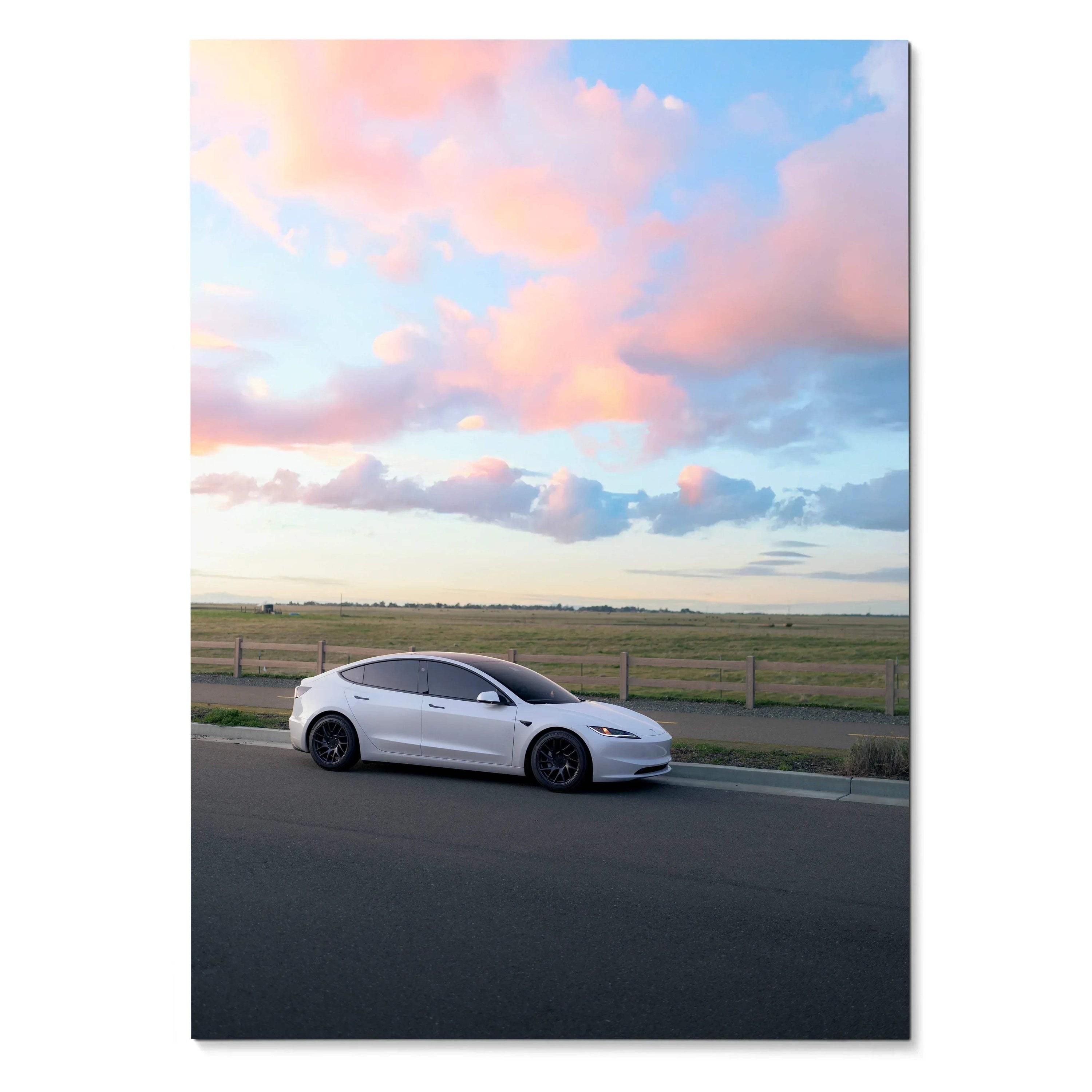 Tesla Model 3 Highland parked by roadside under pink and blue sky, poster wall art.