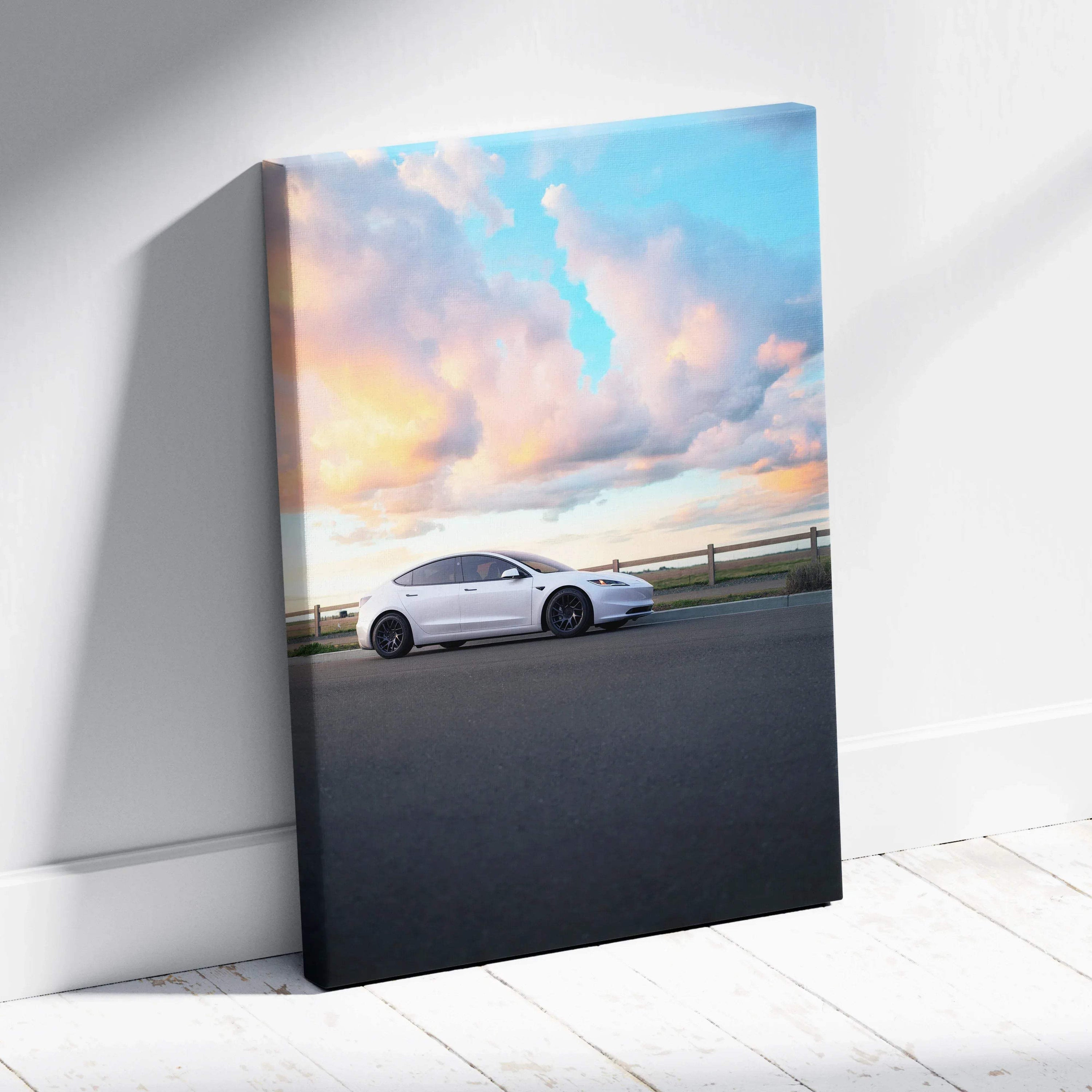 Tesla Model 3 Highland sunset scene on vertical canvas wall art with vibrant sky colors.