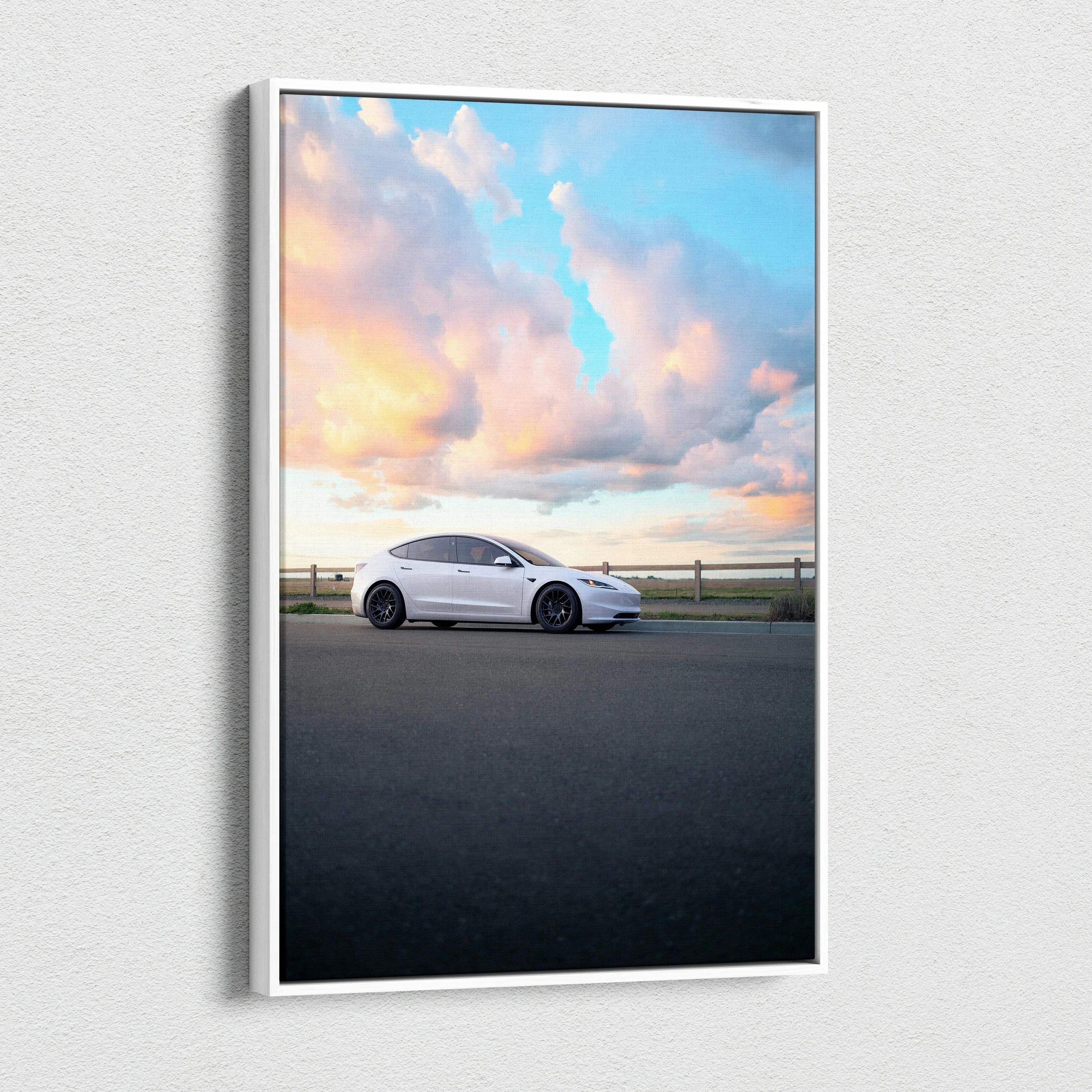 Tesla Model 3 Highland parked at sunset with dramatic clouds on vertical canvas wall art.