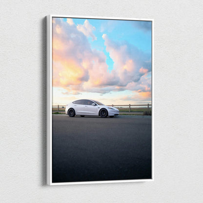 Tesla Model 3 Highland parked at sunset with dramatic clouds on vertical canvas wall art.