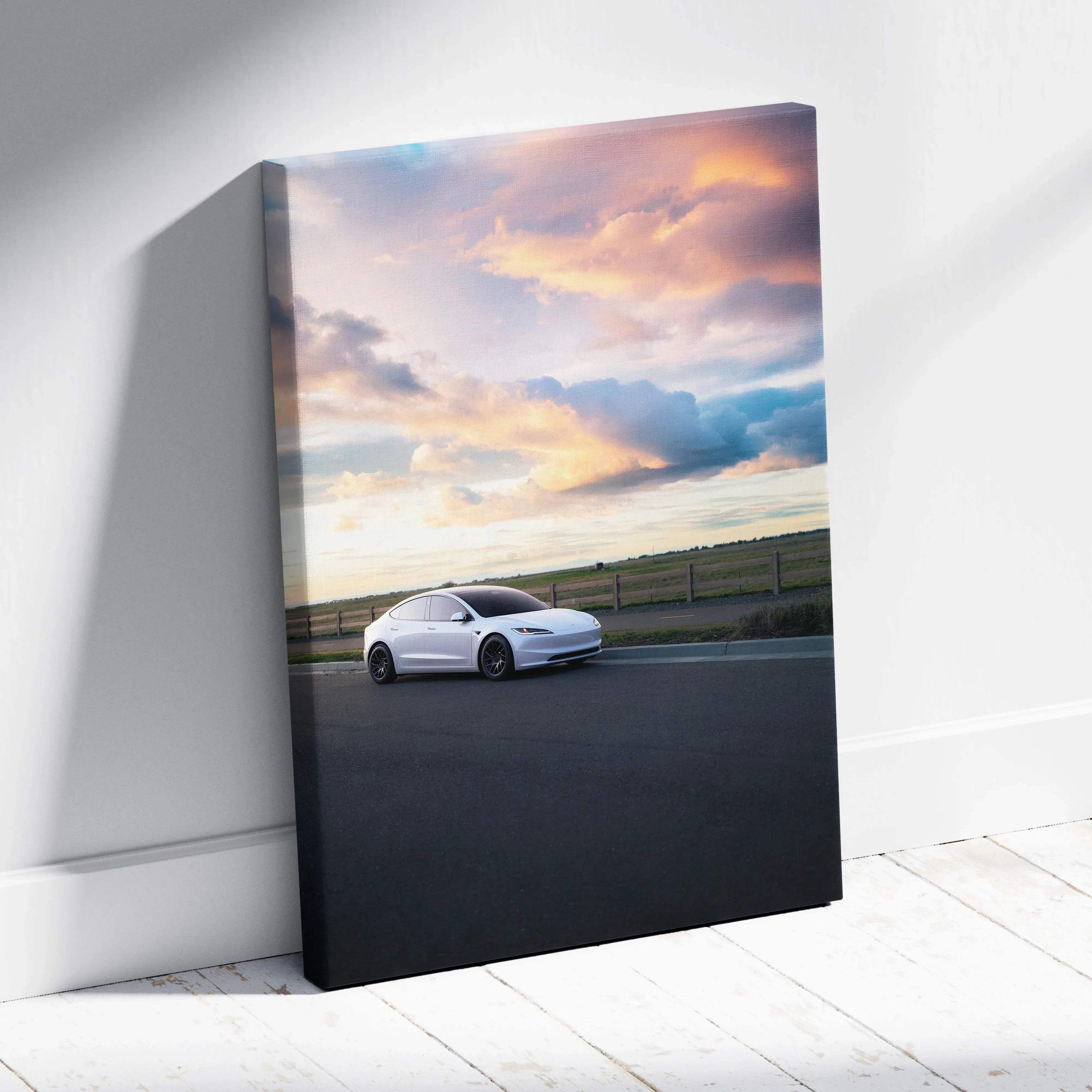 Tesla Model 3 Highland driving at sunset vertical canvas wall art with vibrant sky colors.
