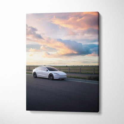 Tesla Model 3 Highland parked on road at sunset vertical canvas wall art with soft clouds.