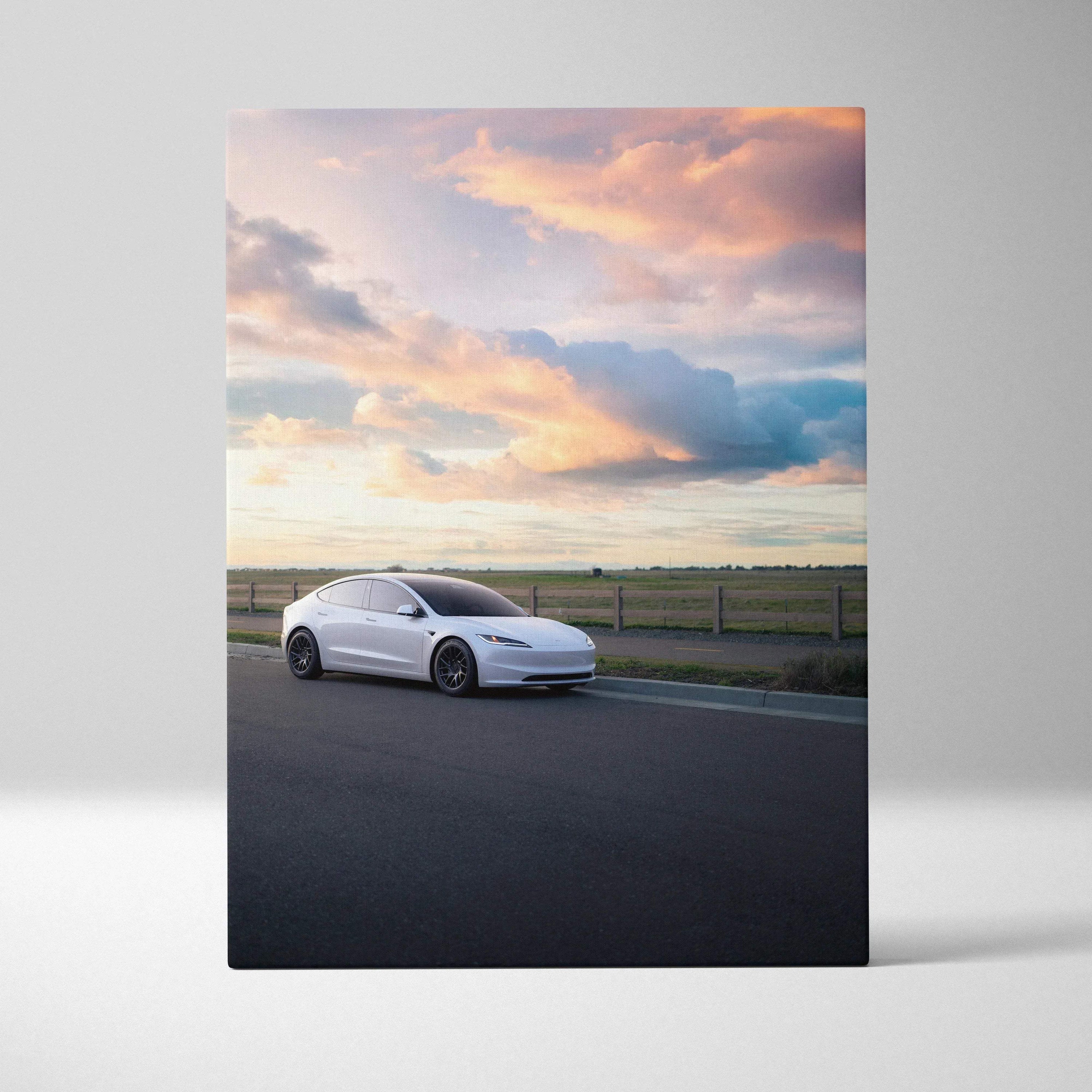 Tesla Model 3 Highland parked on road at sunset vertical canvas wall art in soft sky colors.
