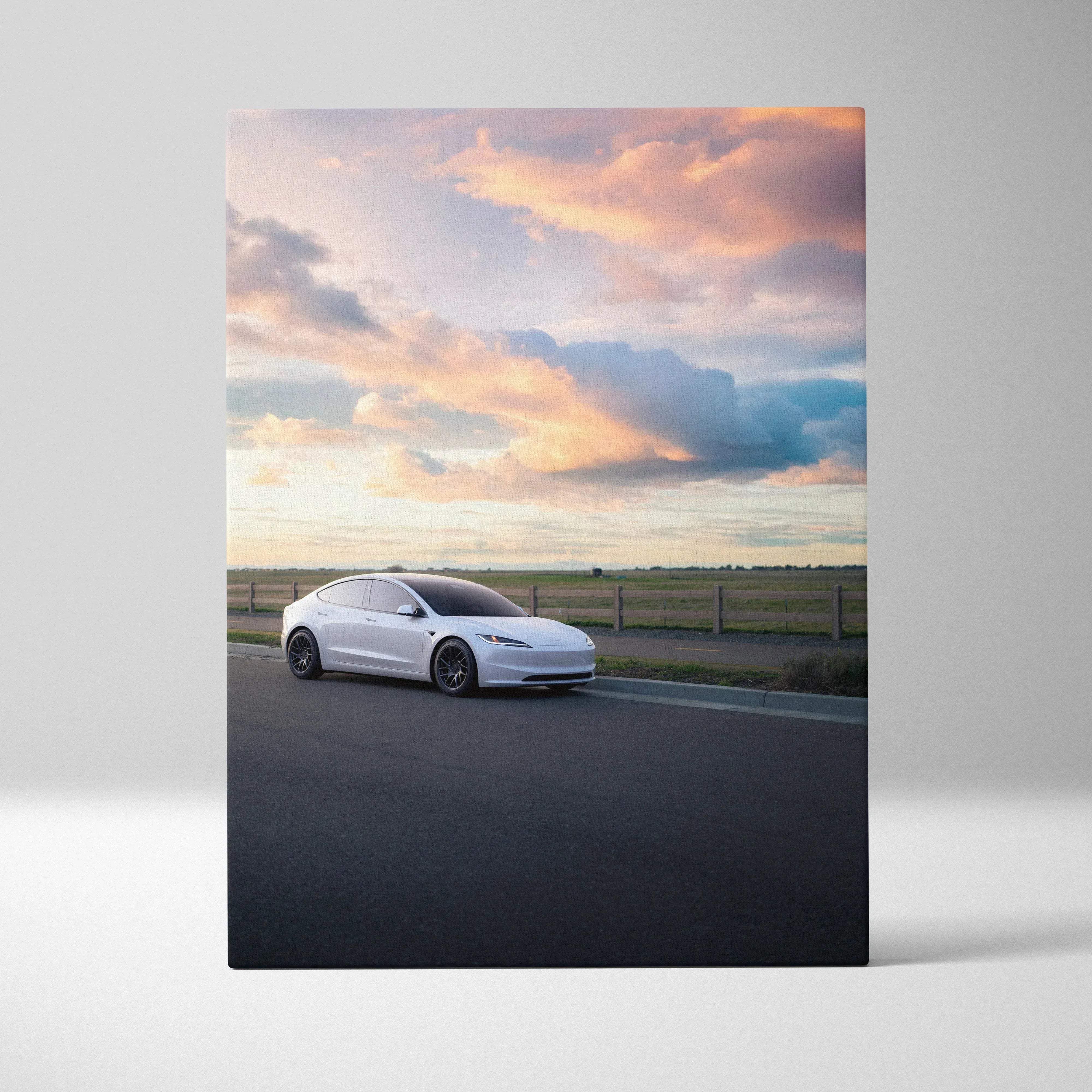 White tesla model 3 sedan parked on a road under a colorful twilight sky canvas wall art modern photography