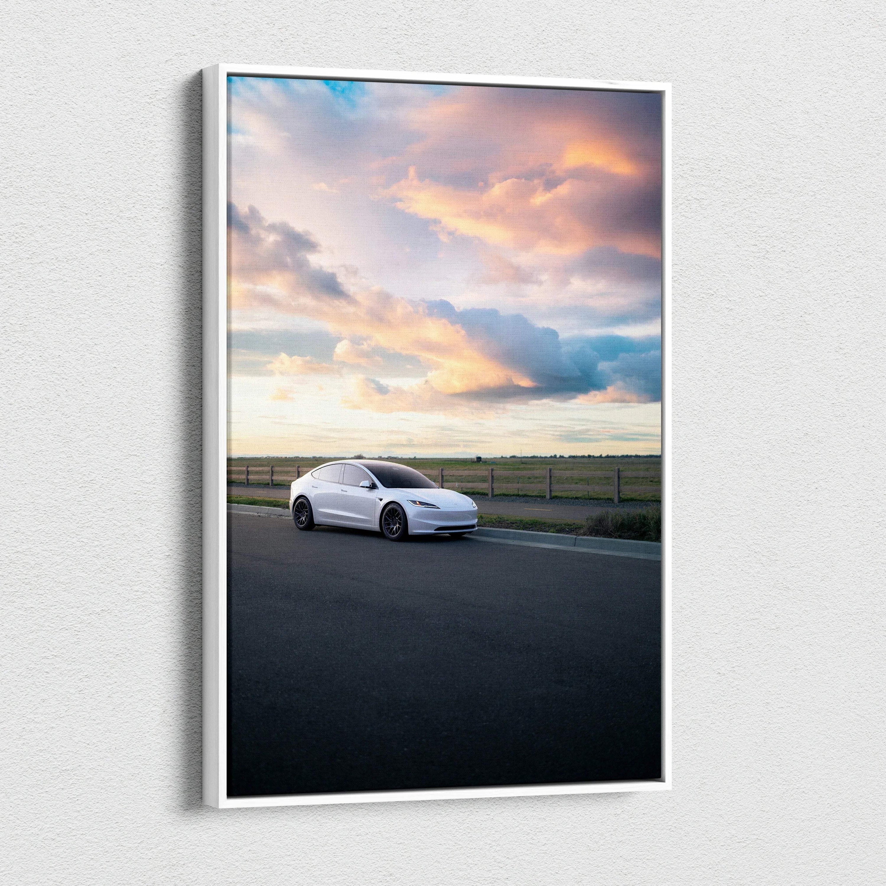 Tesla Model 3 Highland parked on road under colorful sunset sky vertical canvas wall art.