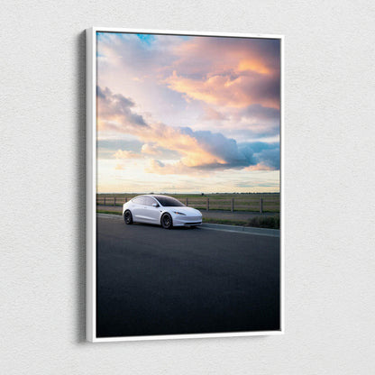Tesla Model 3 Highland parked on road under colorful sunset sky vertical canvas wall art.