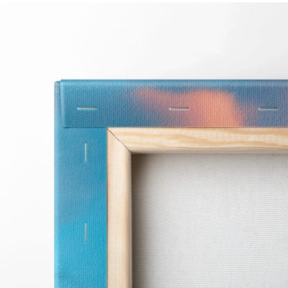 Close-up of wooden frame and blue canvas edge detail for vertical wall art print.