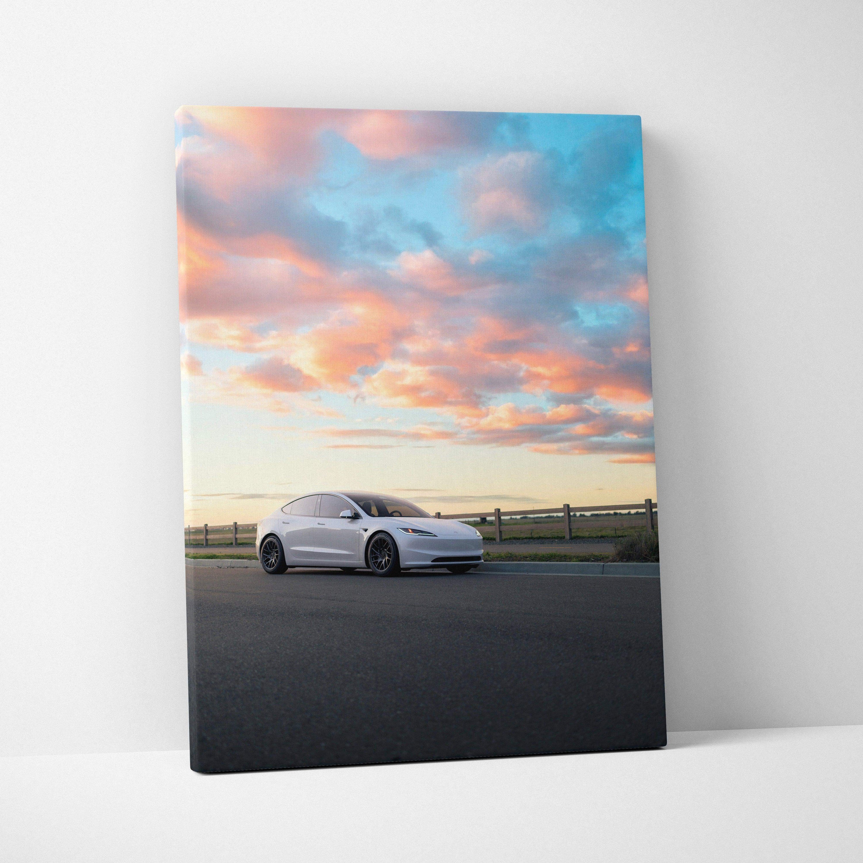 Tesla Model 3 Highland under vivid sunset sky on vertical canvas wall art.