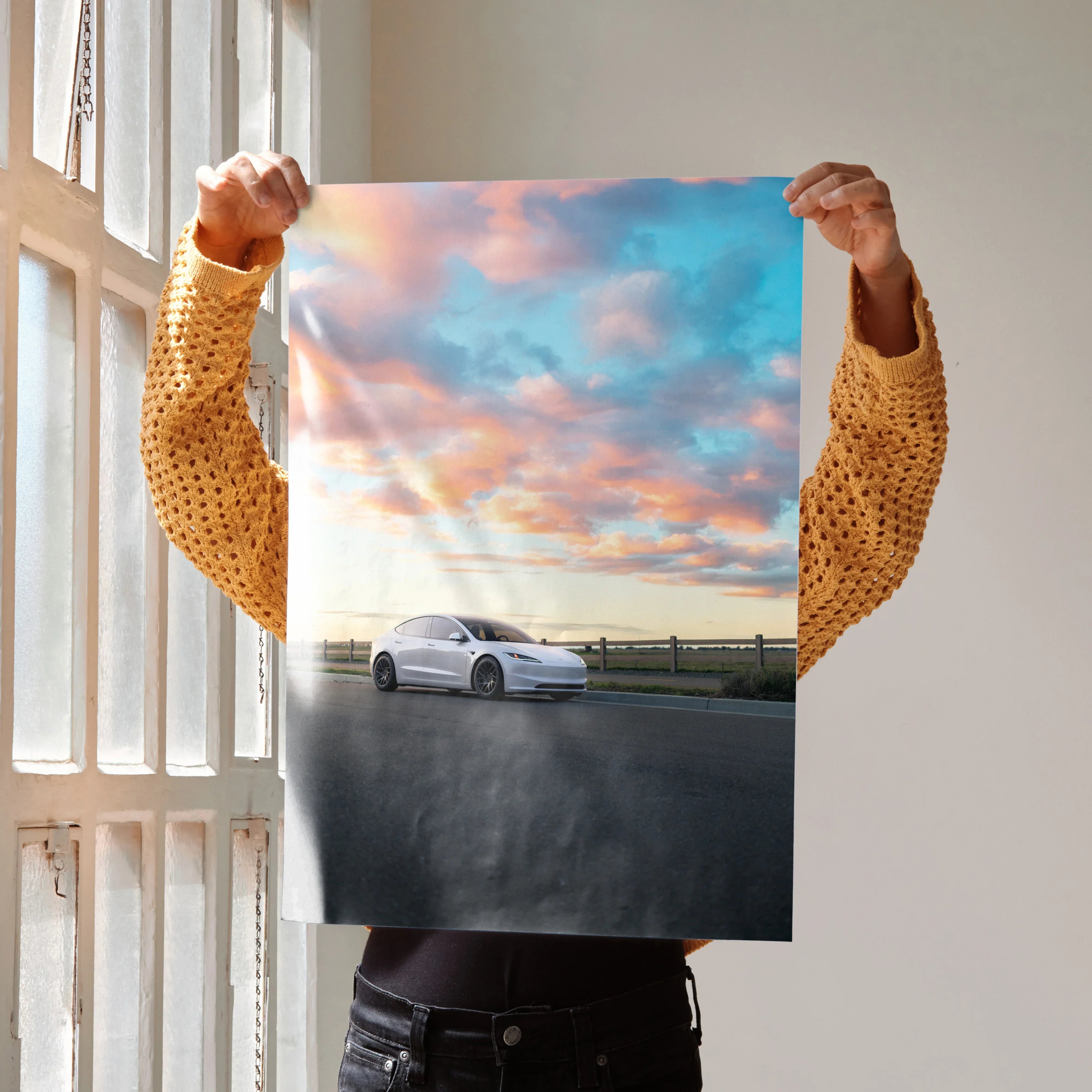 Tesla Model 3 Highland parked at sunset with colorful sky poster wall art.