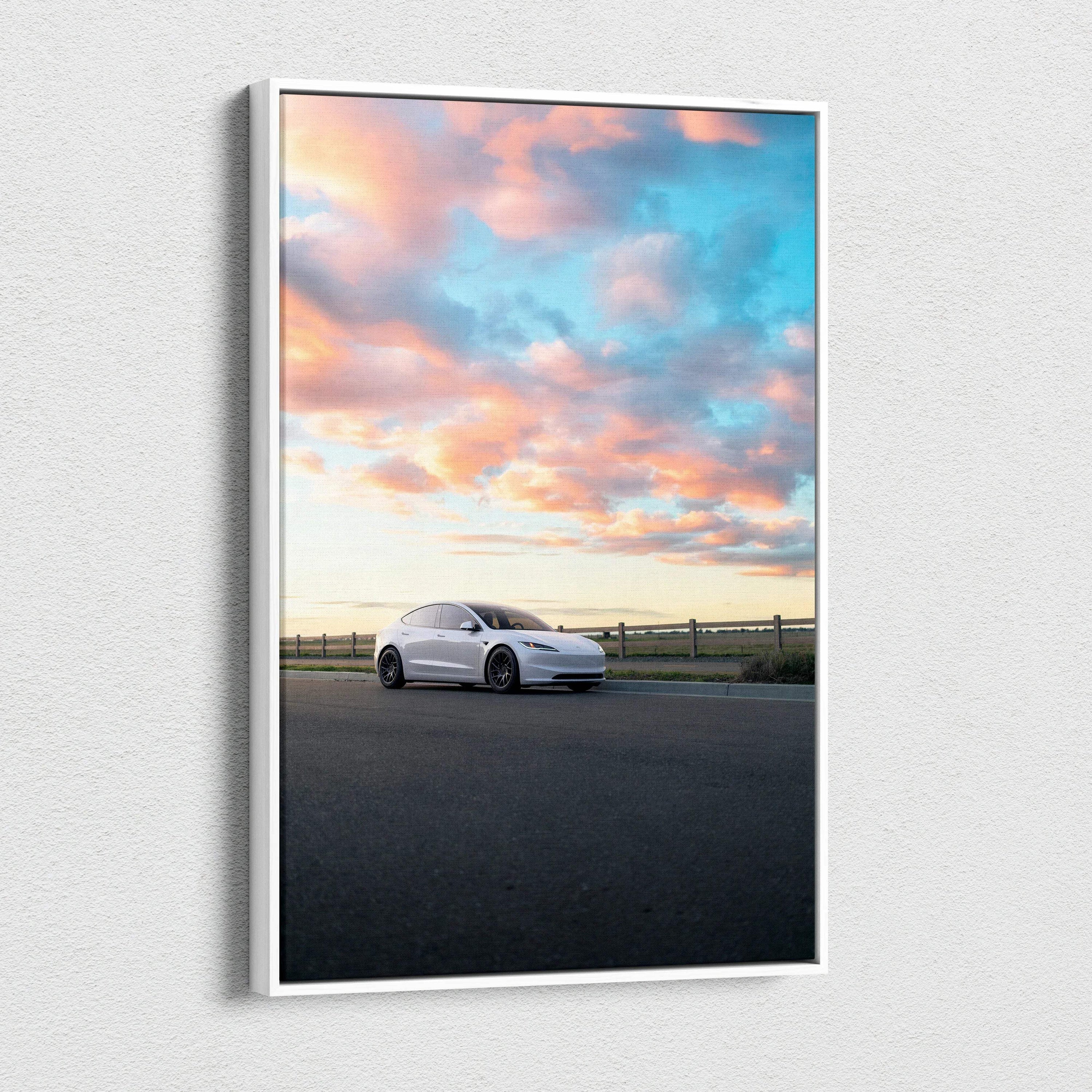 Tesla Model 3 Highland sunset canvas wall art with vibrant colorful sky and sleek white car.
