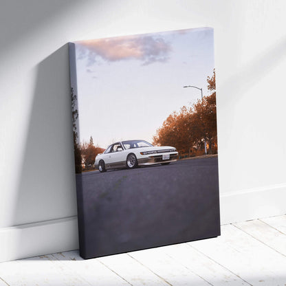 Nissan 240sx S13 Silvia parked on street at sunset canvas wall art vertical canvas print.