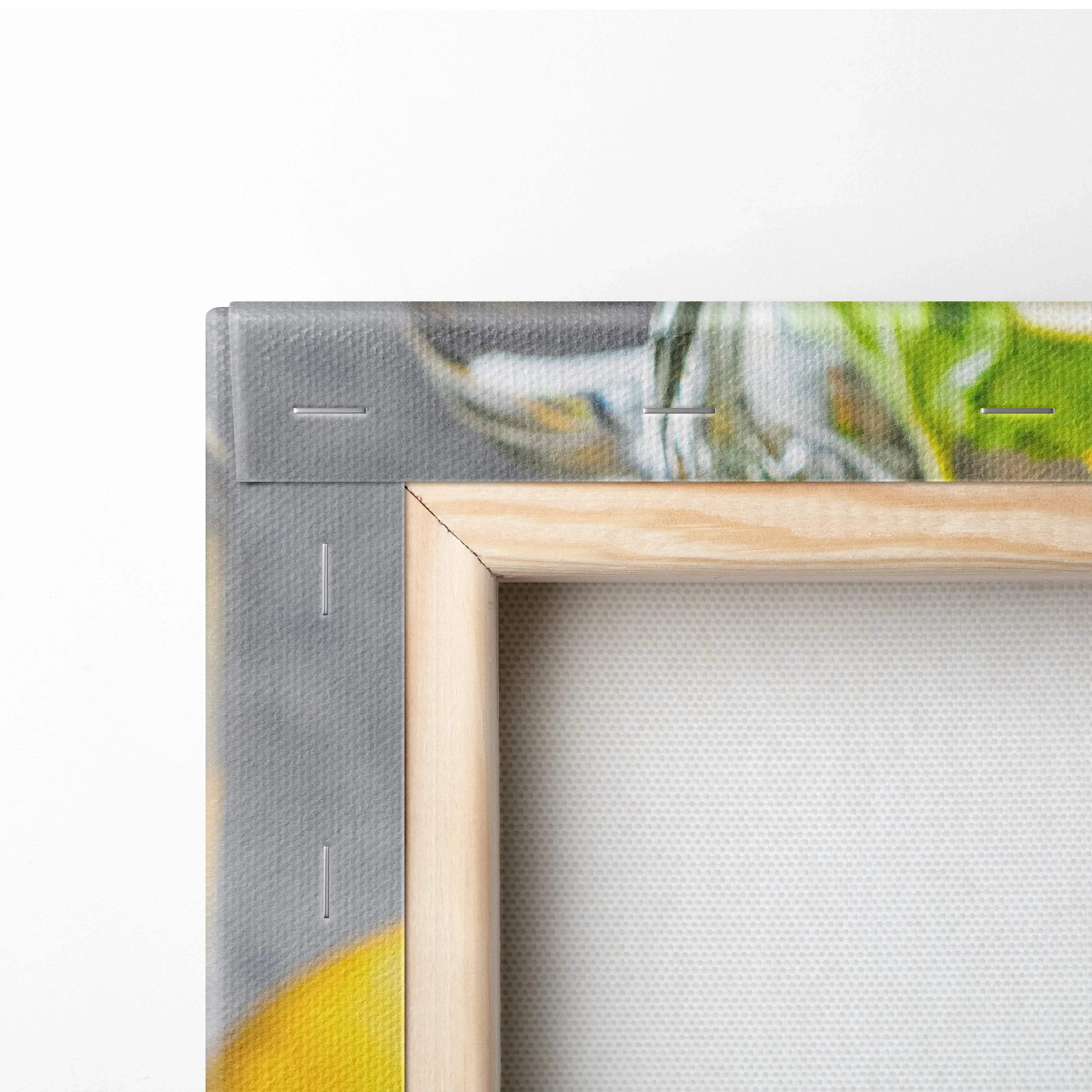 Close-up of canvas wall art corner with wooden frame and vibrant lemon design on fabric texture.