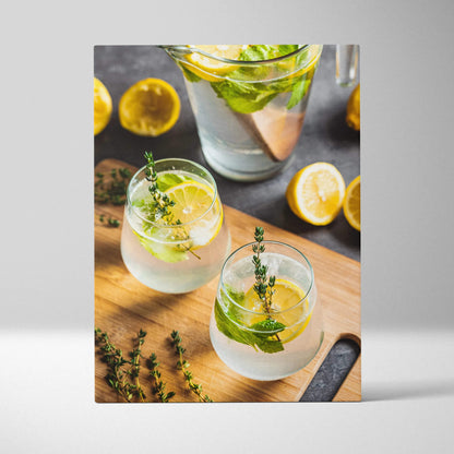 Canvas wall art featuring two clear glasses of lemon water with mint and thyme sprigs on a wooden surface, vibrant yellow.