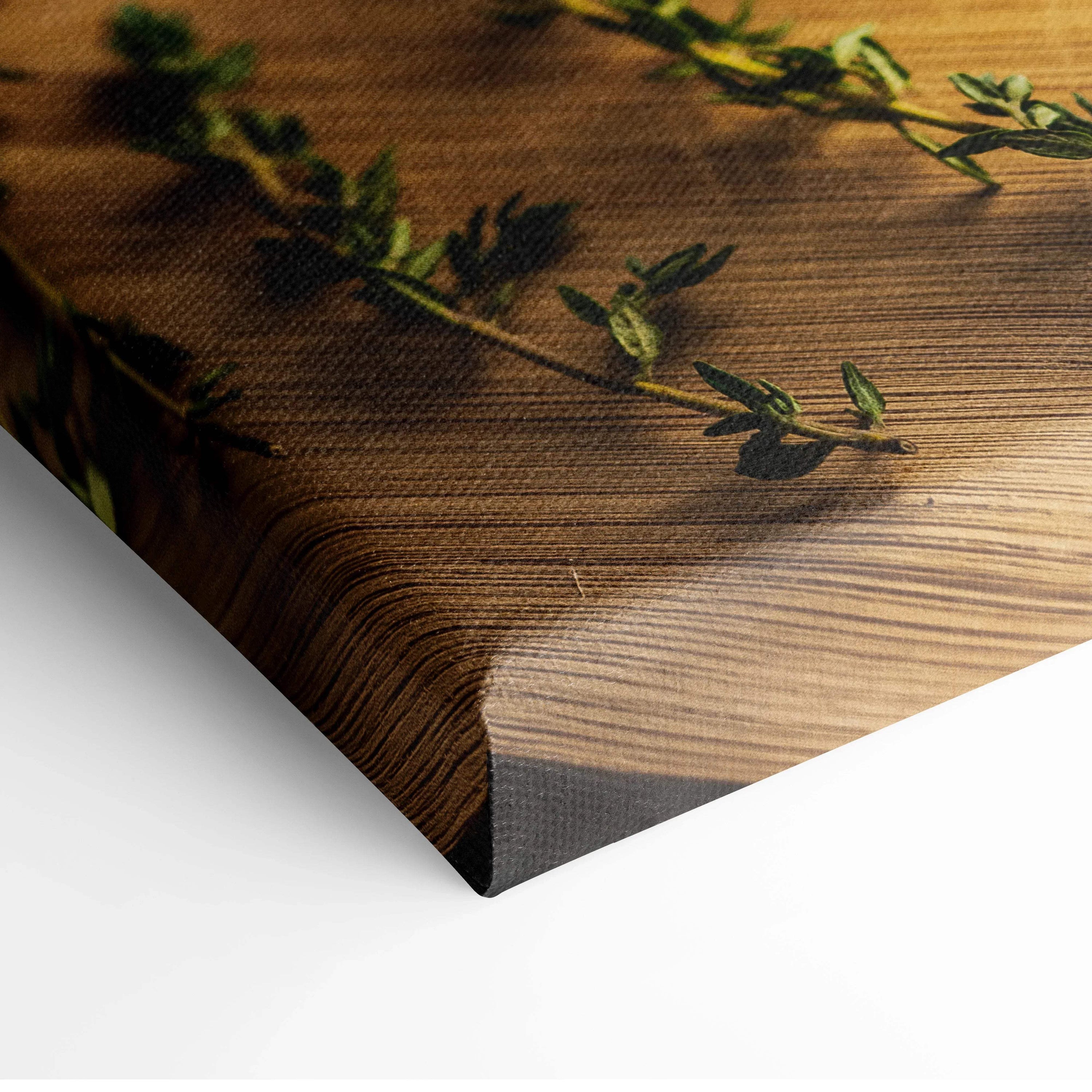 Canvas wall art decor featuring detailed wooden texture with green herb sprigs on 1.5-inch thick stretched frame.