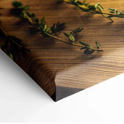 Canvas wall art decor featuring detailed wooden texture with green herb sprigs on 1.5-inch thick stretched frame.