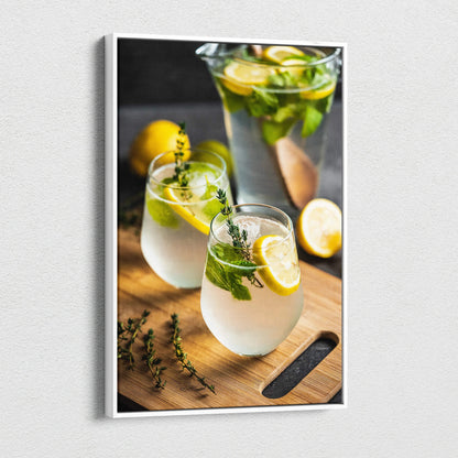 Canvas wall art featuring vibrant lemons and mint leaves in clear glasses of water on a wooden surface with a blurred dark.