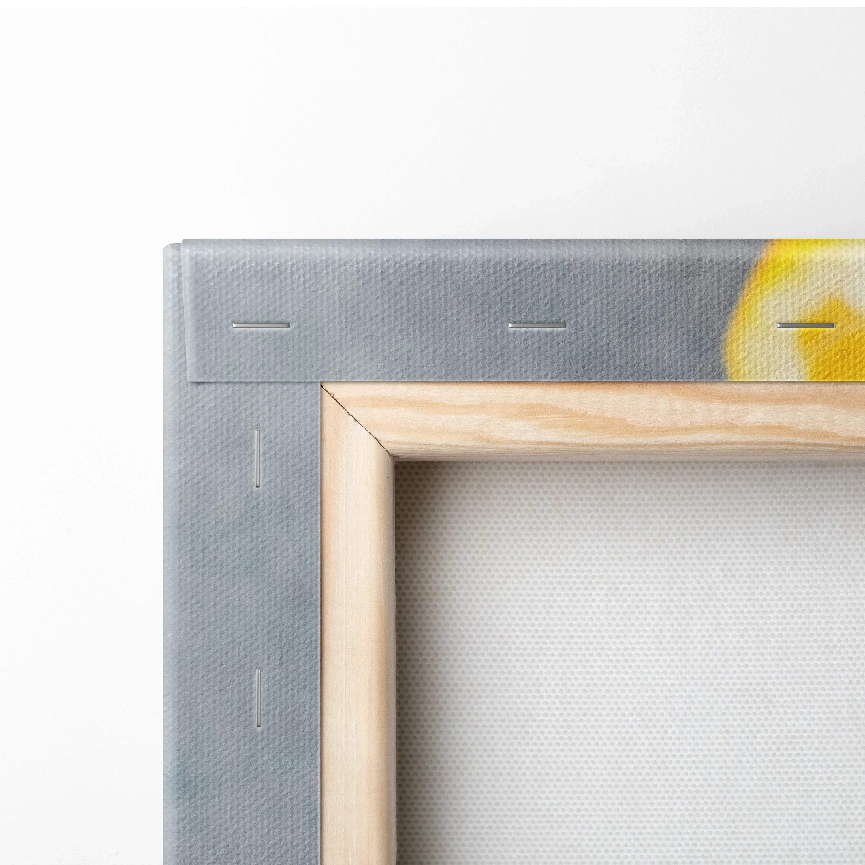 Close-up of canvas wall art corner with natural wood frame and vibrant lemon yellow and gray fabric texture.