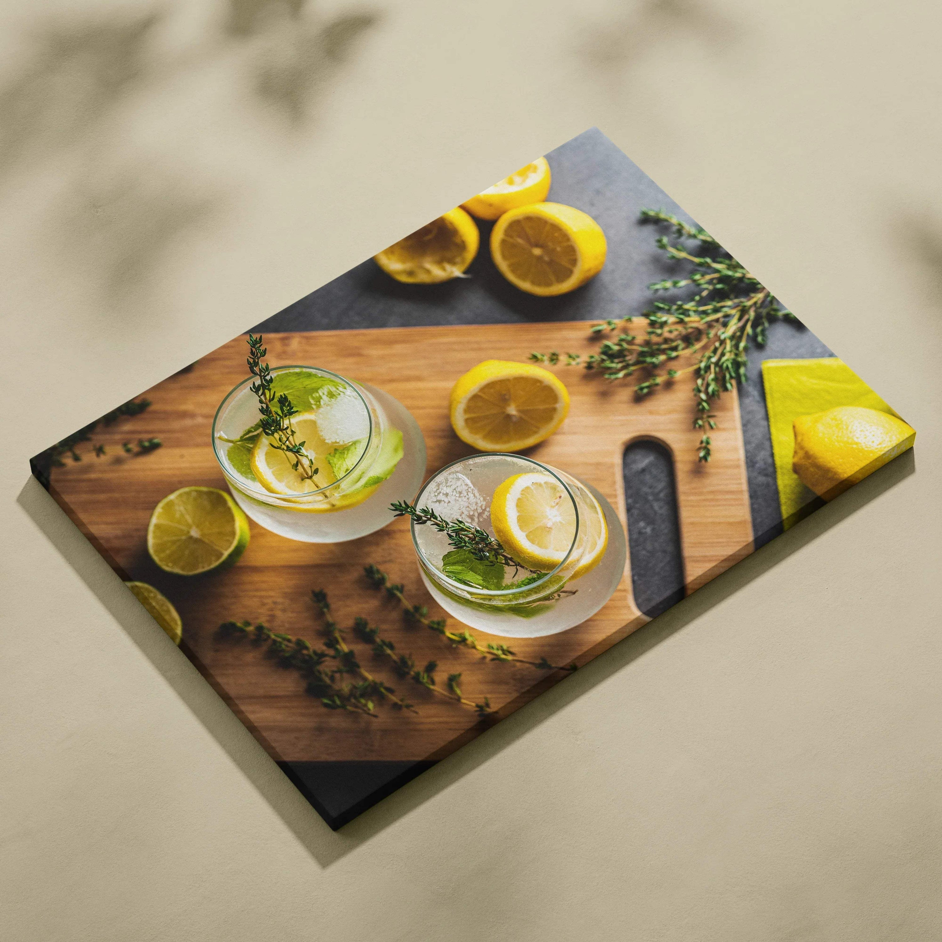 Canvas wall art featuring fresh lemon slices and sprigs of thyme on a wooden surface with a modern, vibrant design.