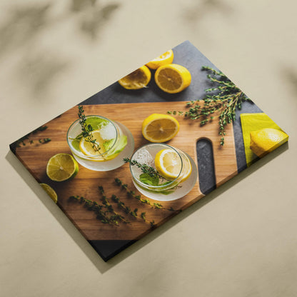 Canvas wall art featuring fresh lemon slices and sprigs of thyme on a wooden surface with a modern, vibrant design.