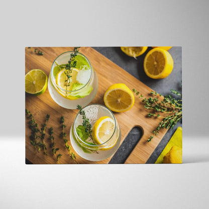 Canvas wall art featuring vibrant lemons and fresh green herbs on a wooden cutting board with a modern, colorful design.