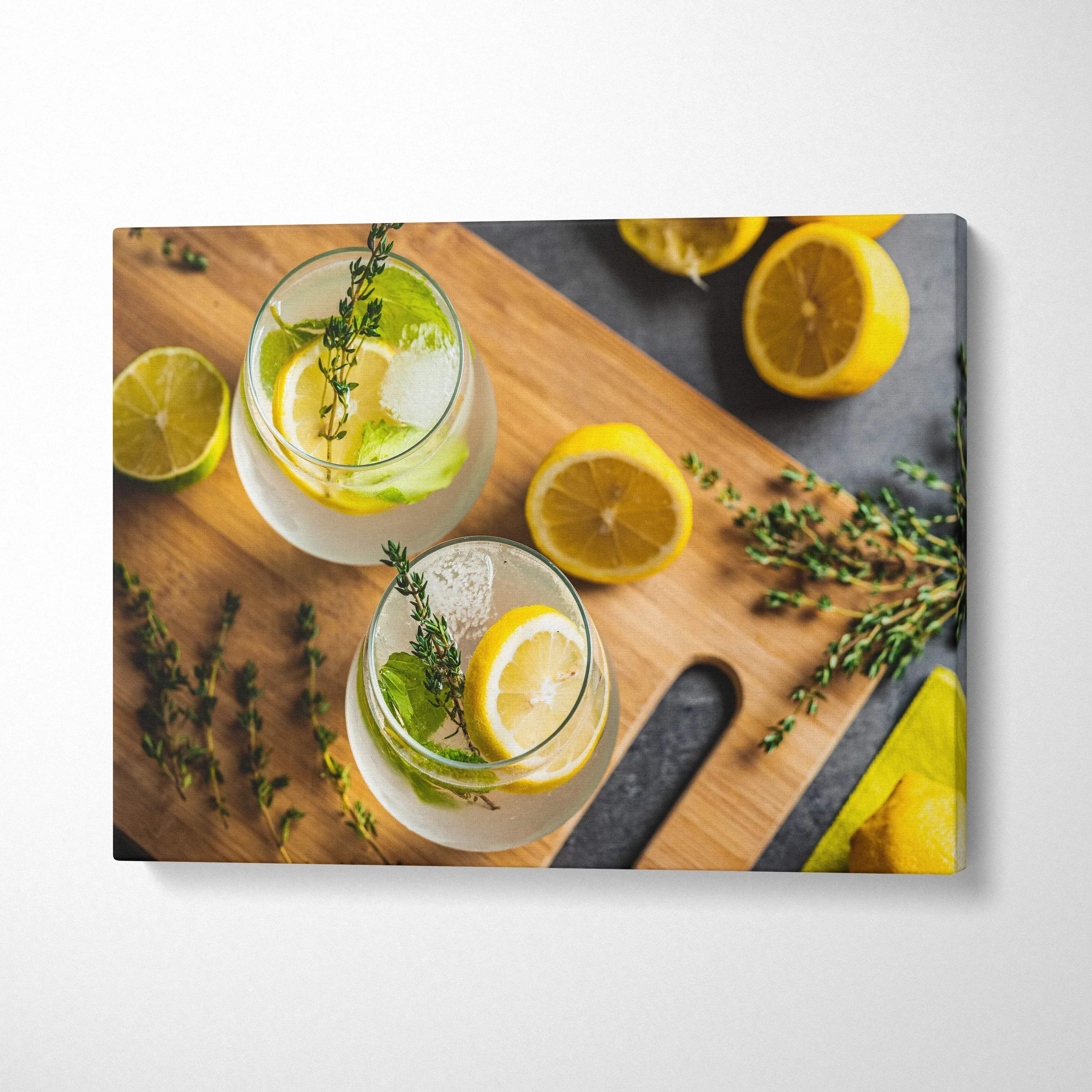 Canvas wall art featuring vibrant lemons and herbs on a wooden cutting board for fresh kitchen decor.