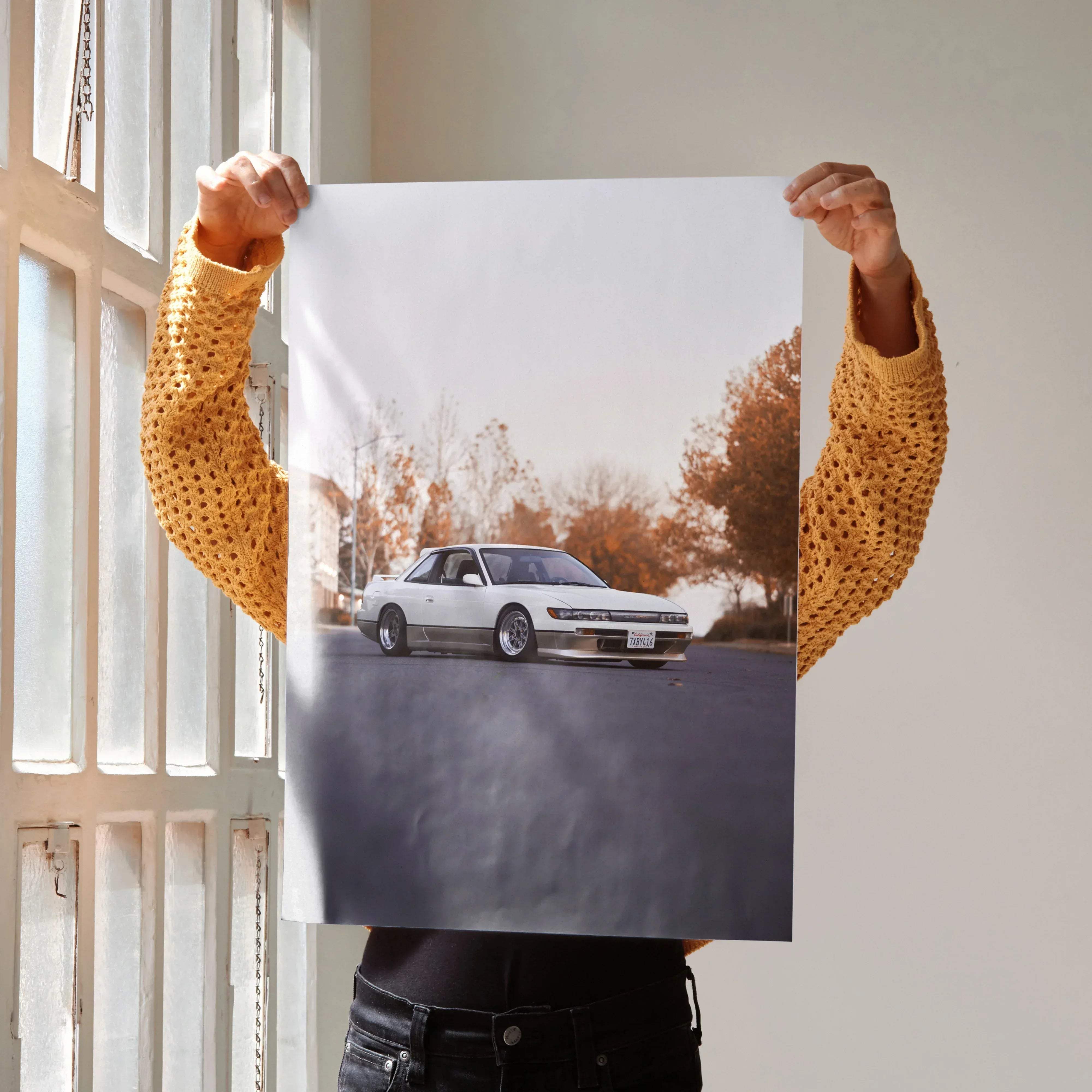 White nissan skyline r32 sports car poster featuring high resolution art print for iconic automotive aesthetics