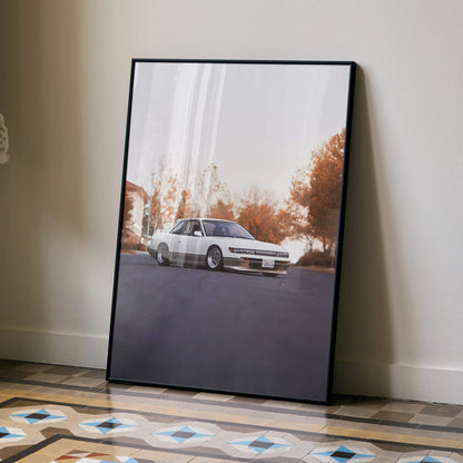 Nissan 240sx S13 Silvia poster with orange-tinted high-resolution automotive wall art in black frame.