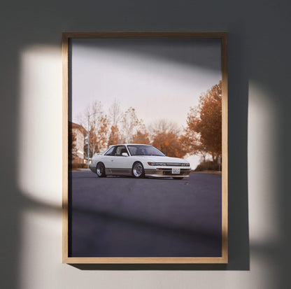 Nissan 240sx S13 Silvia parked on street autumn background poster wall art in wooden frame.