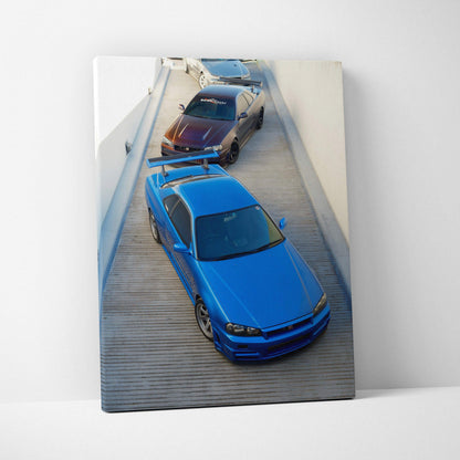 Nissan R34 GTR Skyline art canvas wall art in vertical museum-quality print with blue and black cars.