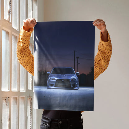 Mitsubishi Evo X front view at dusk poster with dark blue sky wall art.