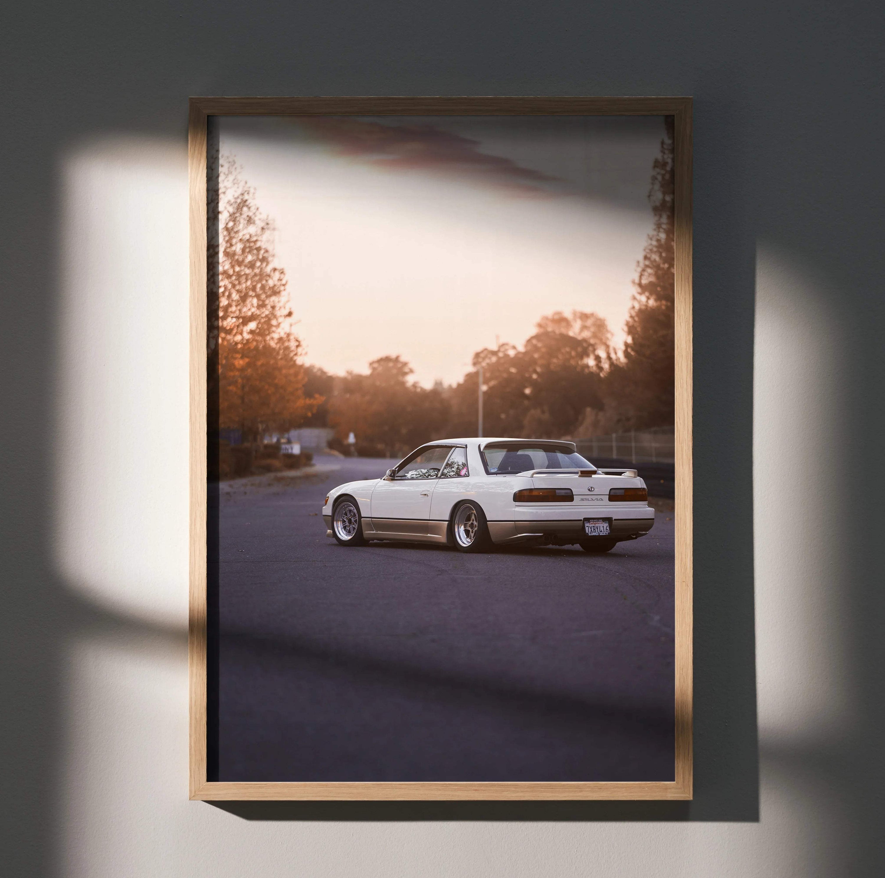 Nissan 240sx S13 Silvia poster wall art with vintage sunset street scene in warm tones.