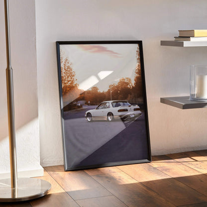 Nissan 240sx S13 Silvia poster wall art featuring a white car on a scenic road with autumn trees.