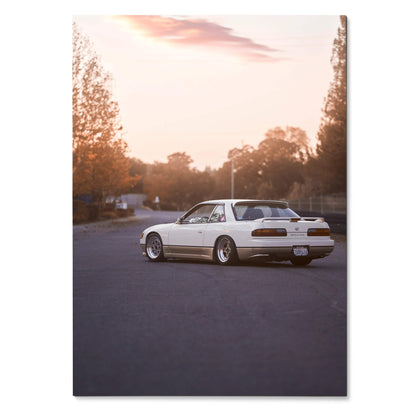 Nissan 240sx S13 Silvia parked on street at sunset poster wall art with warm tones.
