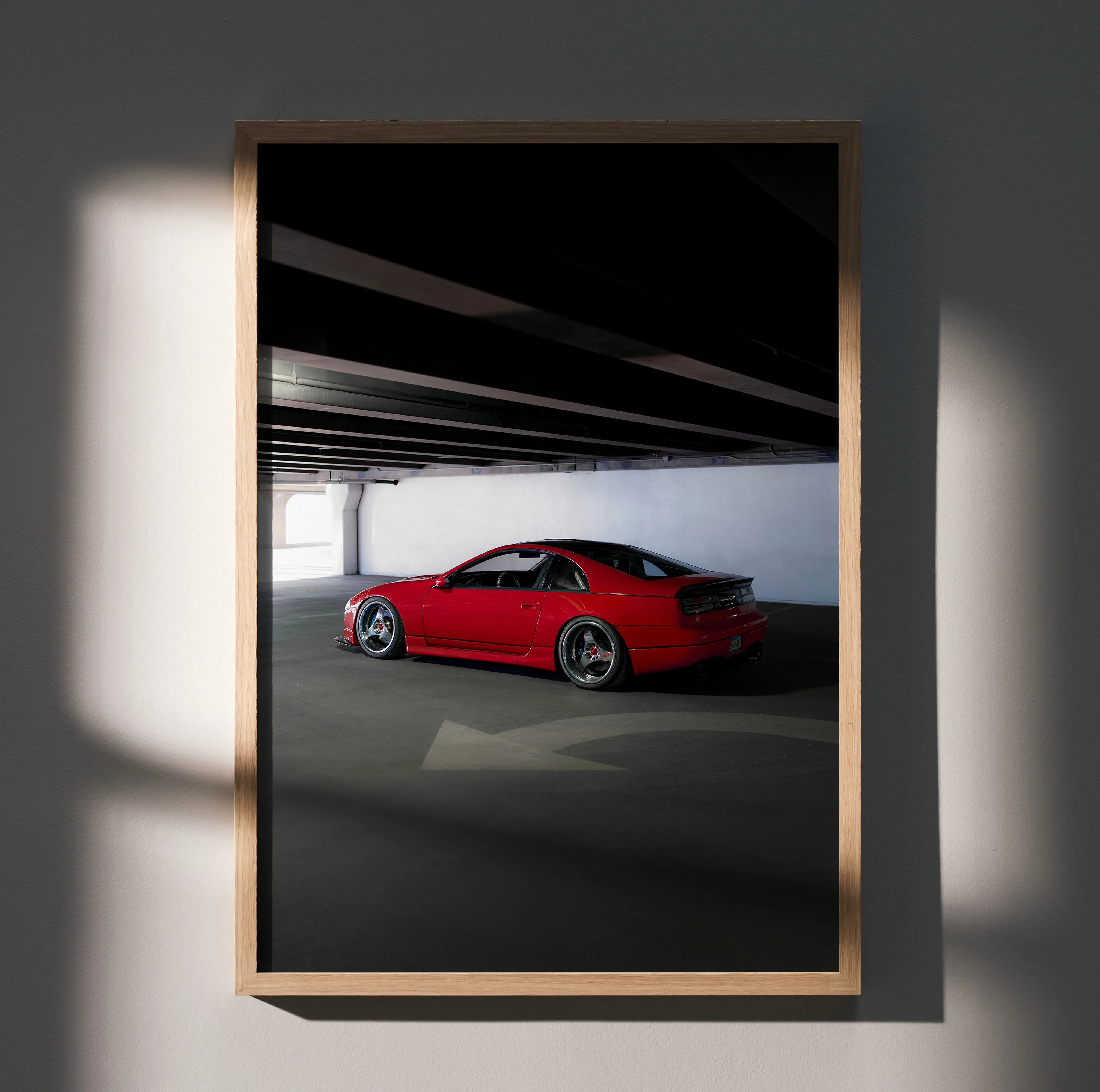 Red Nissan 300ZX sports car under an industrial bridge in high-resolution poster wall art.