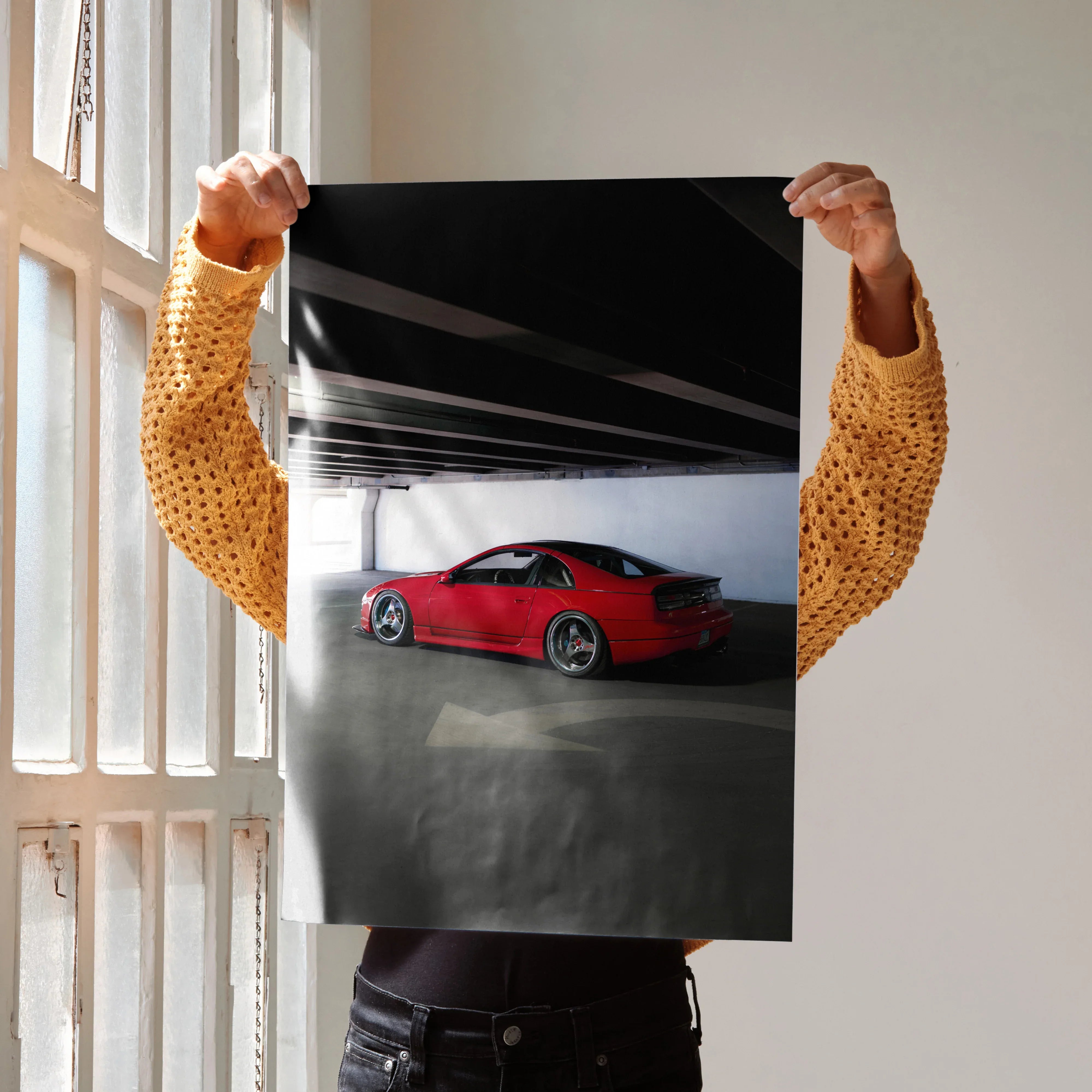 Nissan 300ZX Skyline poster with red sports car and dark moody background wall art.