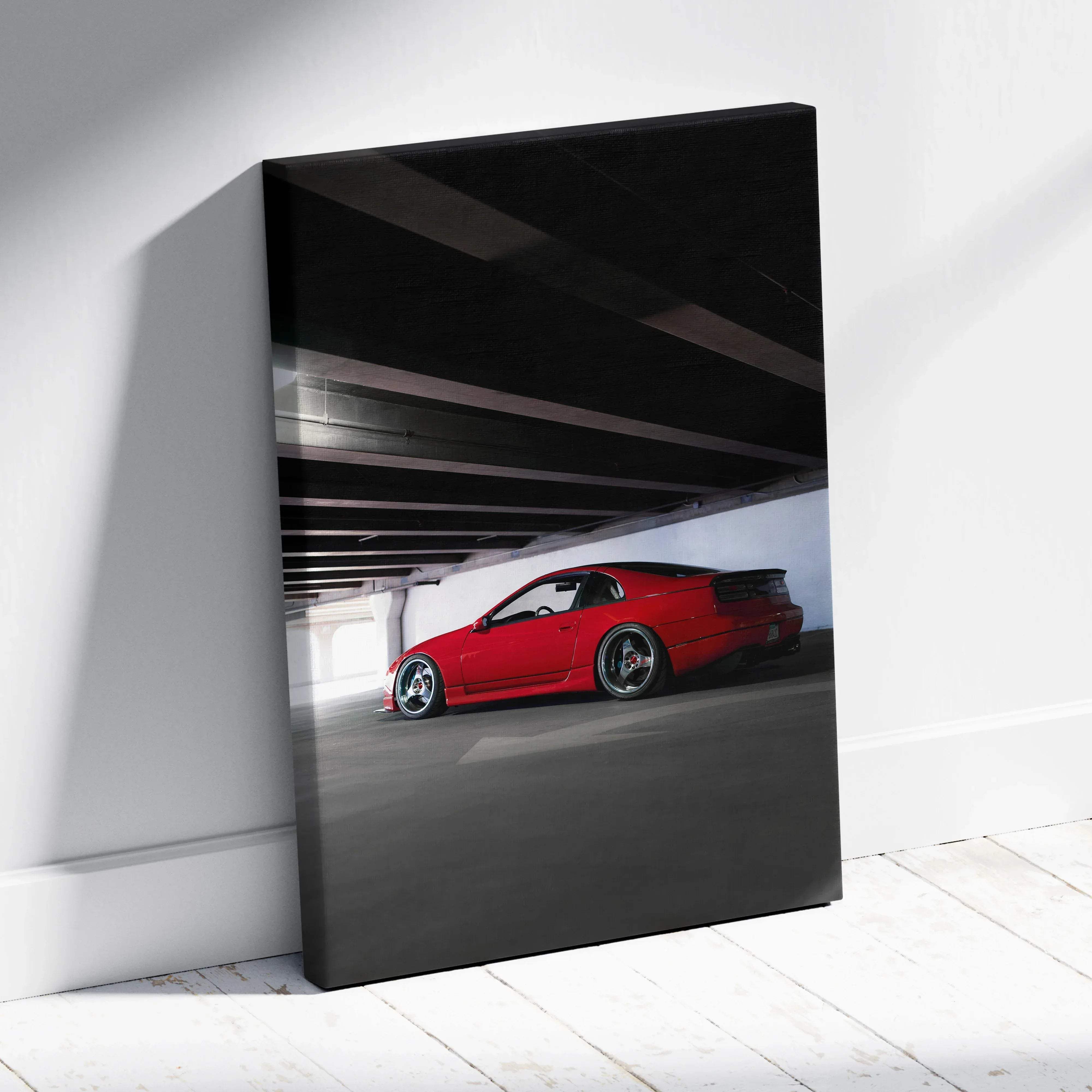 Canvas wall art featuring a bold red nissan 300zx sports car with sleek black rims on a dark garage background