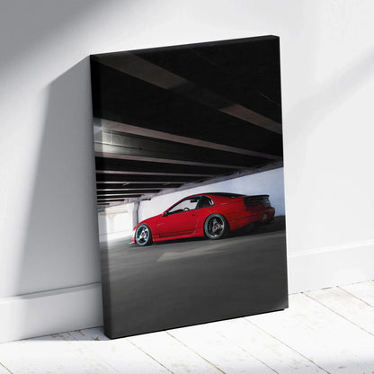 Red Nissan 300ZX sports car under dark bridge canvas wall art print.