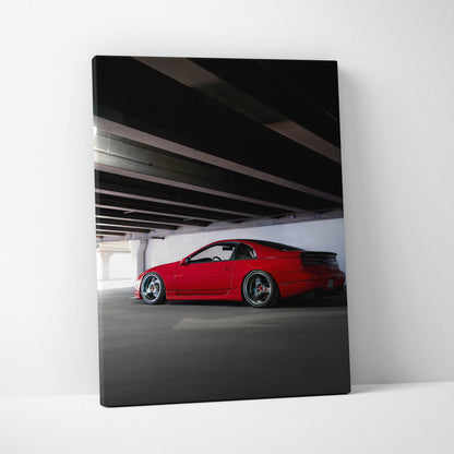 Nissan 300ZX red sports car under bridge framed as vertical canvas wall art.
