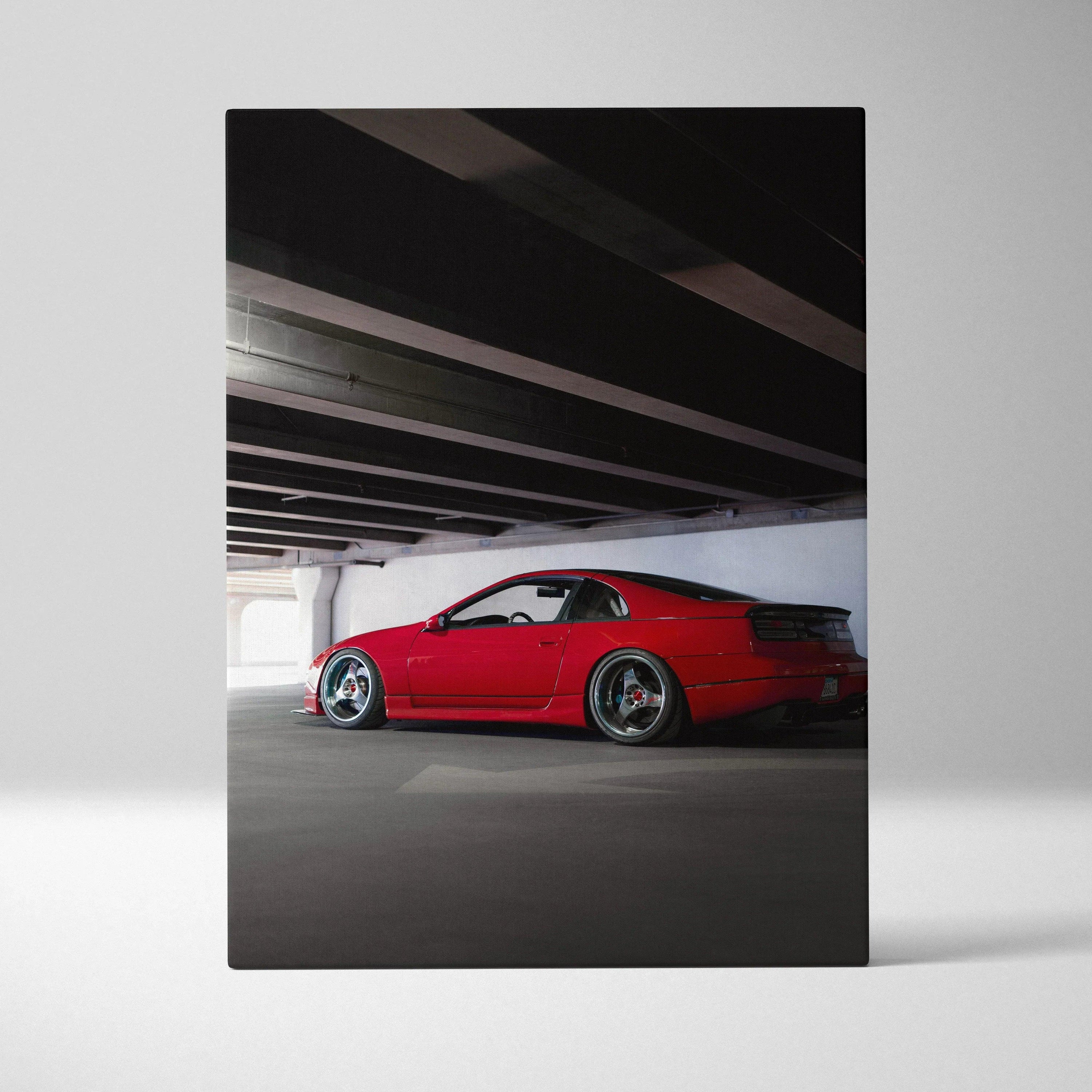 Red Nissan 300ZX sports car under beams with shadows, vertical canvas wall art.
