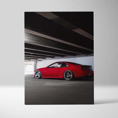 Red Nissan 300ZX sports car under beams with shadows, vertical canvas wall art.