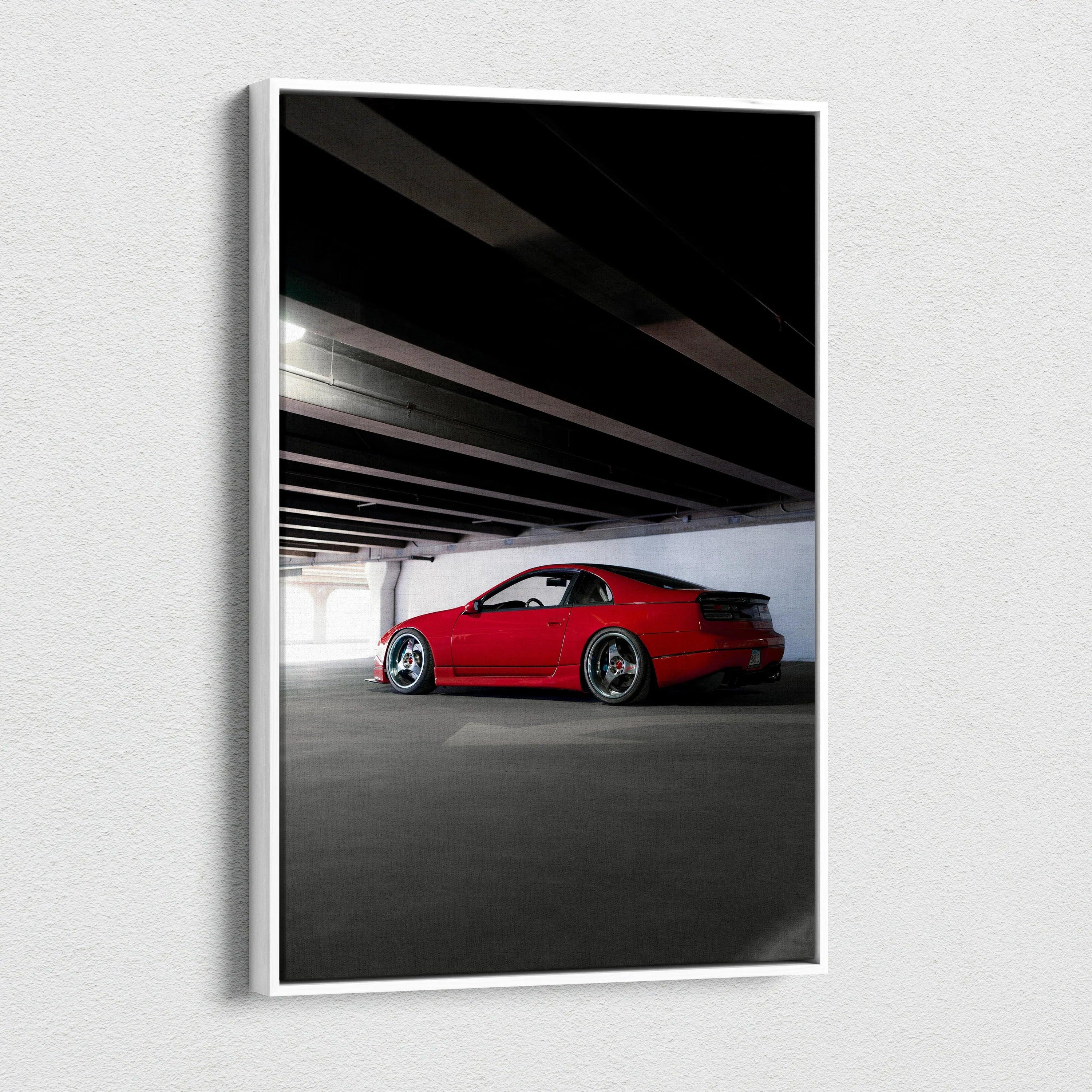 Red Nissan 300ZX sports car under bridge in sleek vertical canvas wall art.