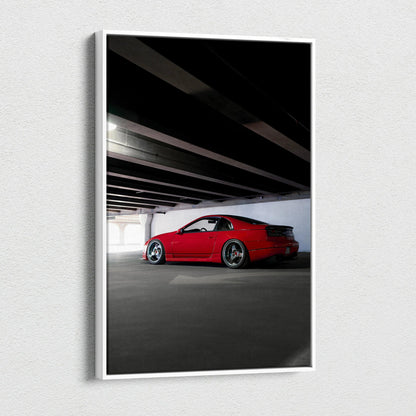 Red Nissan 300ZX sports car under bridge in sleek vertical canvas wall art.