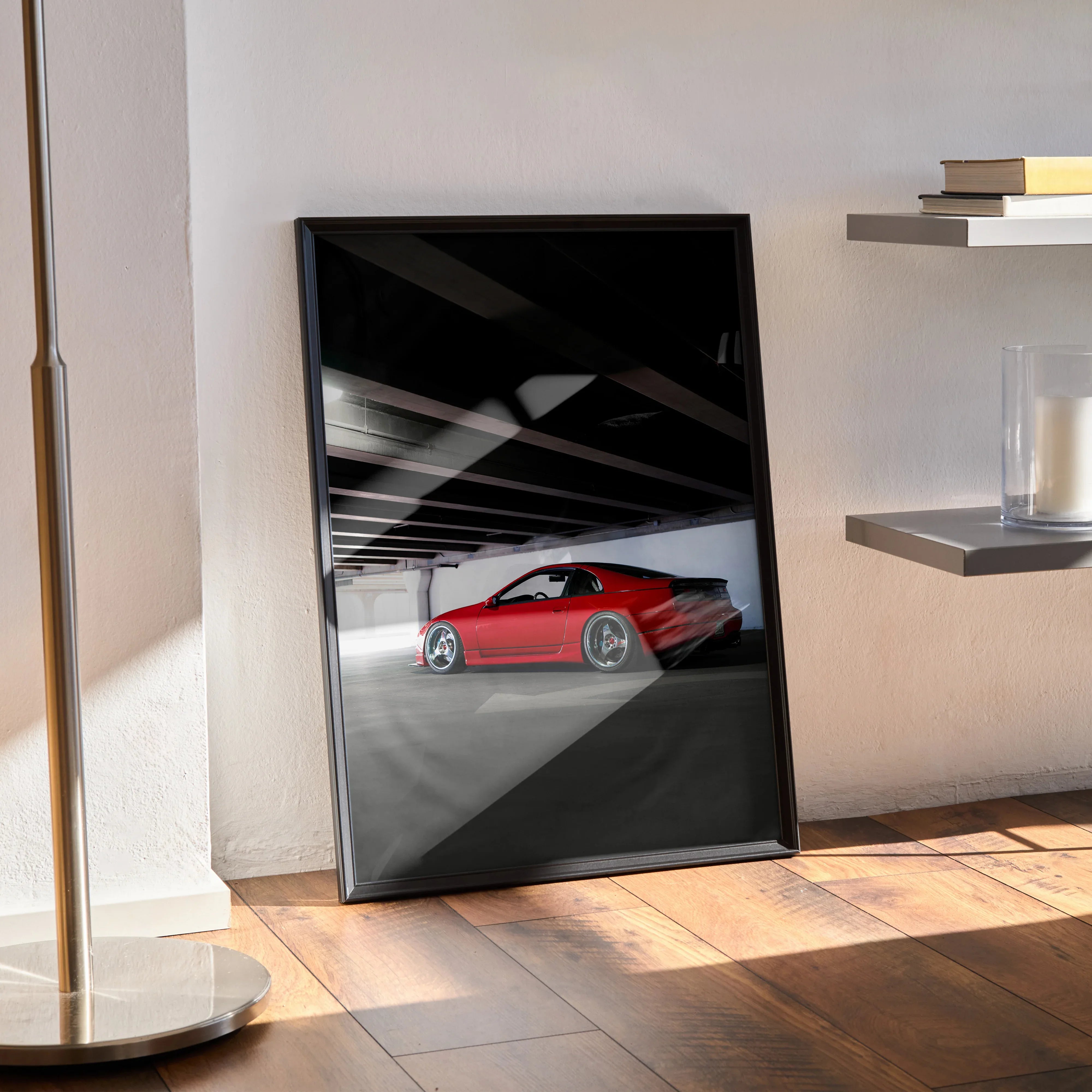Nissan 300ZX red sports car poster leaned against wall with modern interior, wall art.