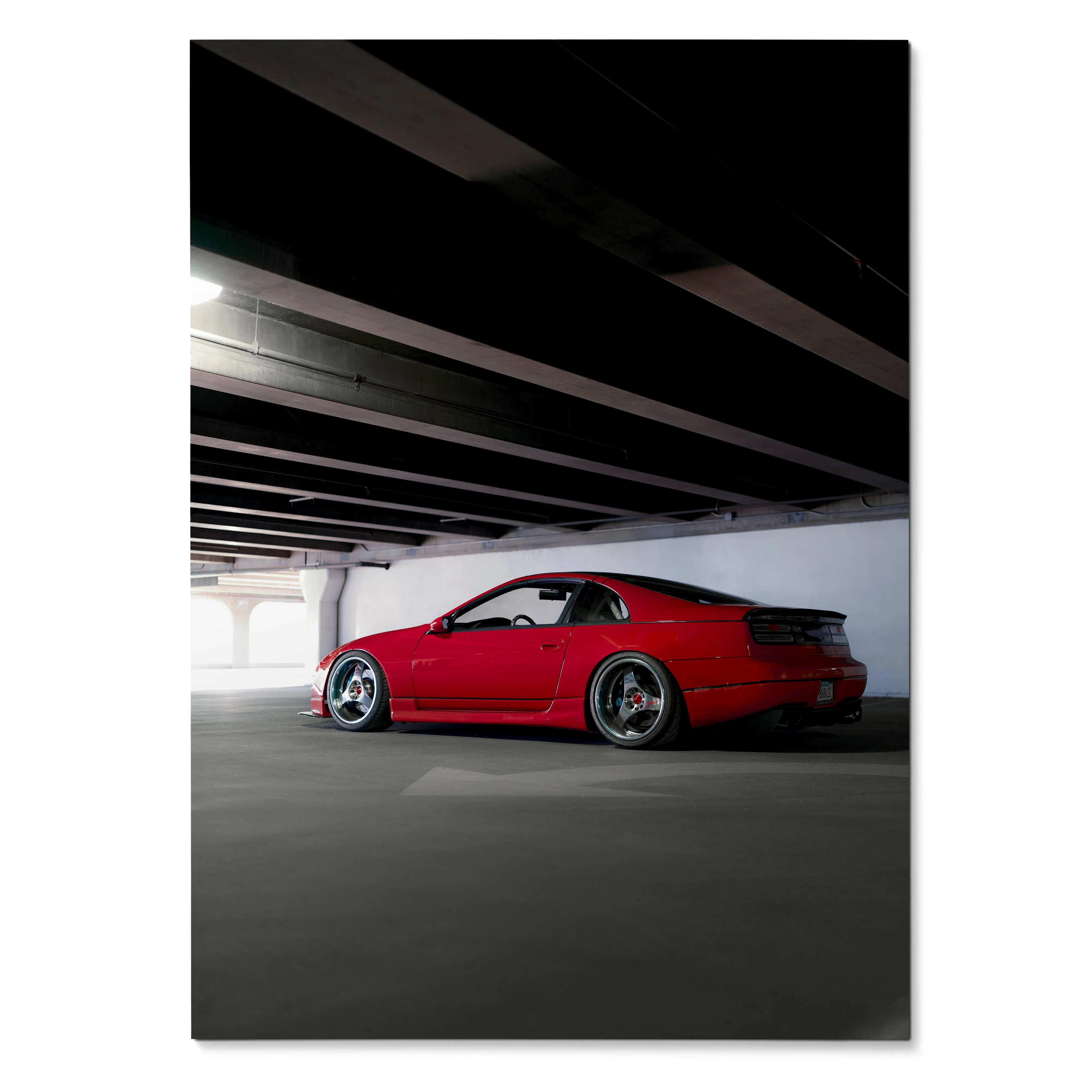 Red Nissan 300ZX sports car parked under a bridge, high resolution poster wall art.