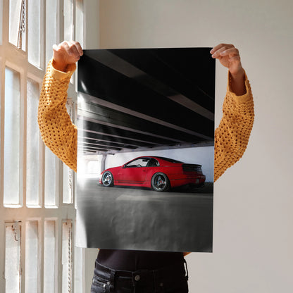 Red Nissan 300ZX Skyline parked in dark garage, high-resolution poster wall art.
