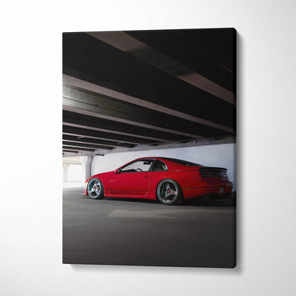 Red Nissan 300ZX sports car parked under a concrete bridge, high-resolution vertical canvas wall art.