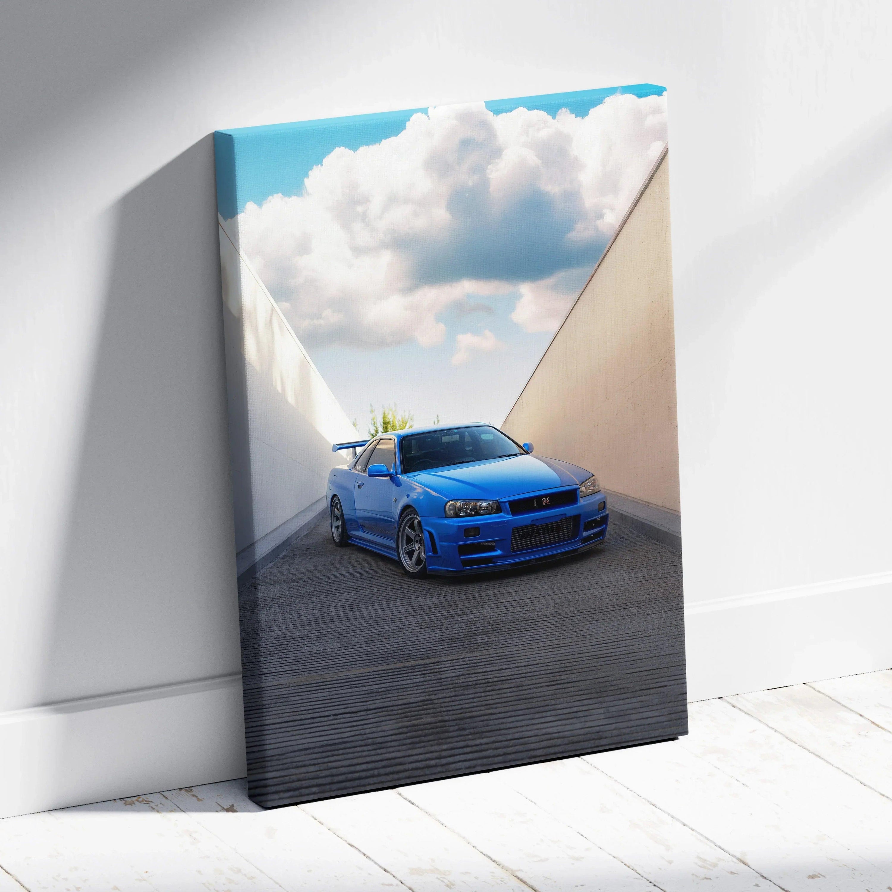 Blue Nissan R34 GTR driving between concrete walls under a cloudy sky vertical canvas wall art.