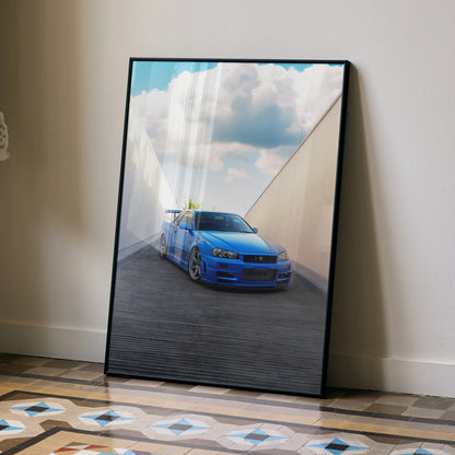 Nissan R34 GTR blue car poster leaning against wall with clouds in background wall art.